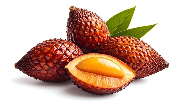 Authentic macro food photography of exotic brown scaly snake fruits or salak naturally revealing their pale yellow sweet inside.