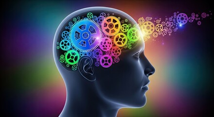 Fototapeta premium A humanoid figure with a glowing head composed of various colored gears, set against a backdrop of swirling colors.