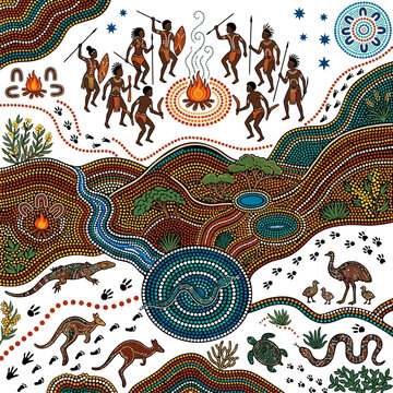 Traditional aboriginal art depicts people gathering around a campfire with spears and shields, surrounded by native animals and a flowing river, showcasing cultural heritage.