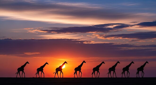 The silhouettes of giraffes against the vibrant backdrop of a sunset, their long necks reaching towards the sky, creating a sense of awe and wonder.