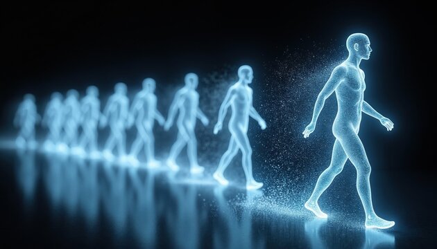 Abstract blue figures walk in a line from particles on a dark background. Digital humans transform, dissolve into glowing dots. Futuristic motion sequence evolves, suggesting unity, progress, or data.