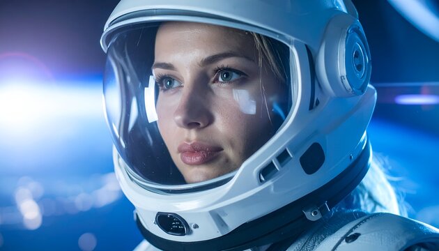 Close-up of female astronaut in helmet looking into distance with Earth or space background
