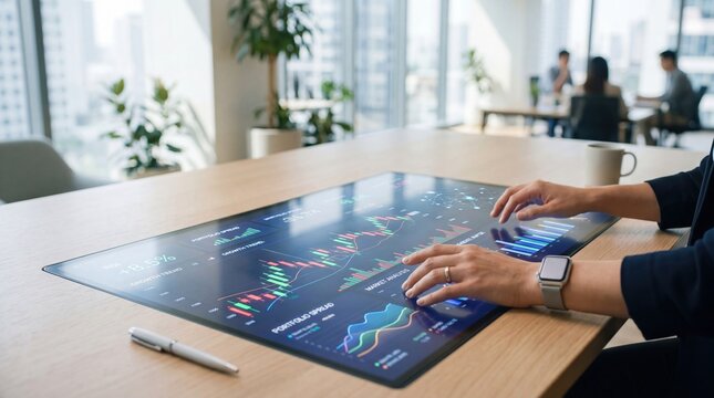 Hands using interactive digital table surface displaying stock market charts and financial data for trading analysis in modern office.