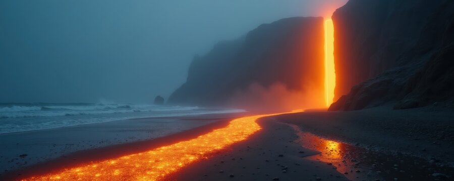 Glowing river flows on beach to cliff portal. Misty ocean waves crash on shore. Mysterious portal illuminates dark landscape with warm light. Surreal dreamlike destination beckons explorers.