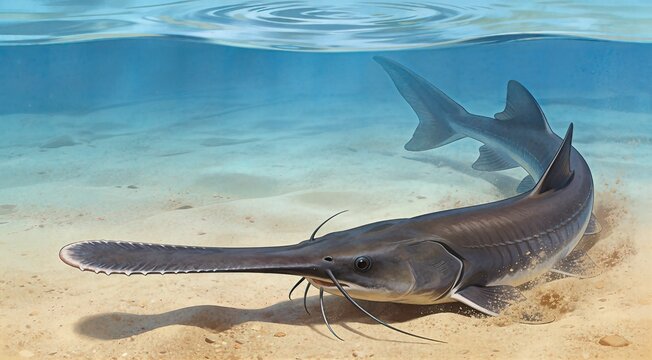 American paddlefish swimming in shallow water over a sandy river bottom digital illustration