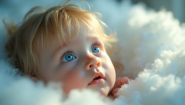 Close-up of innocent toddler with bright blue eyes looking up in soft white clouds. Child face reflects light and wonder. Represents purity, dreams, and new beginnings. A peaceful, angelic look.