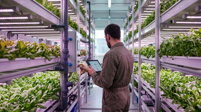 Farmer monitoring hydroponic vertical farm with tablet device, indoor agriculture technology, sustainable food production, controlled environment growing system, organic