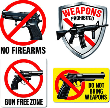Create a realistic kinds of deferent no guns sign, no firearms symbol vector art with white background.