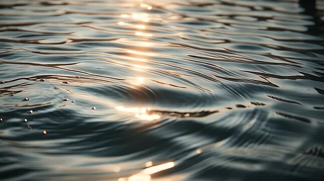 Golden hour sunlight dances across the gentle, undulating surface of calm water, creating a mesmerizing pattern of reflections and serene ripples that evoke a sense of peace and natural beauty