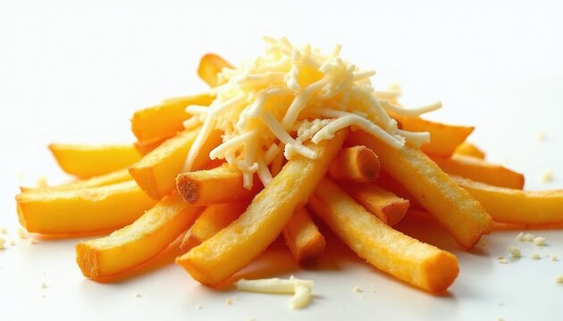 Golden french fries piled high, topped with shredded cheese. Crispy potato sticks served on white background. Savory fast food appetizer made with potato.