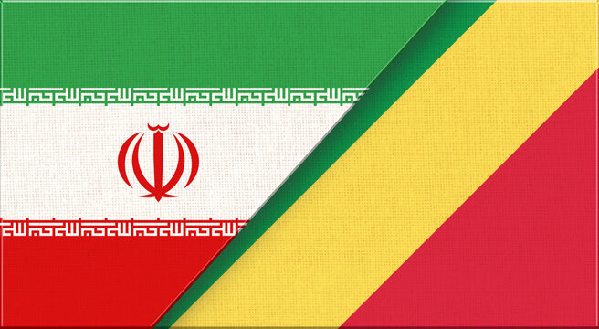 Iran and Republic of Congo flags on fabric for diplomacy and sport events