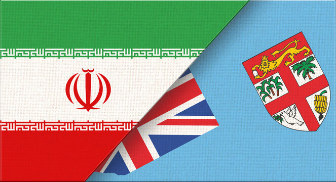 Iran and Fiji flag on fabric texture for diplomacy and sport events. Double flag