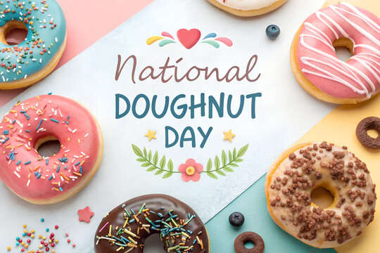 A vibrant flat lay image celebrating National Doughnut Day, featuring an assortment of colorful and delicious glazed donuts with sprinkles.