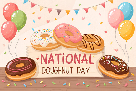A vibrant illustration celebrating national doughnut day with various colorful donuts, festive balloons, and sprinkles, perfect for holiday promotions.