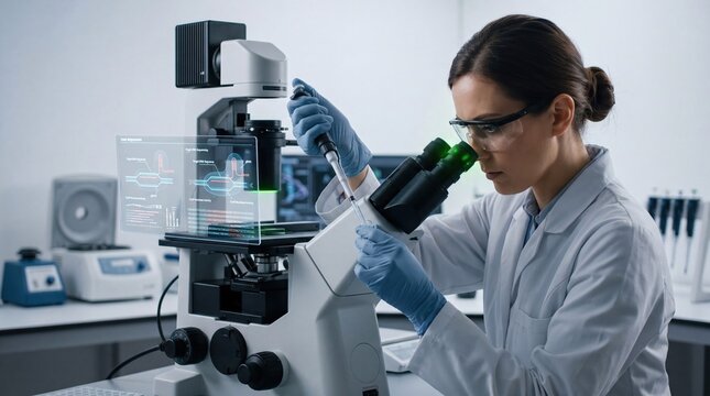 Female scientist using microscope and pipette in laboratory, analyzing DNA sequence data on digital screen, medical research and biotechnology genetics study concept.