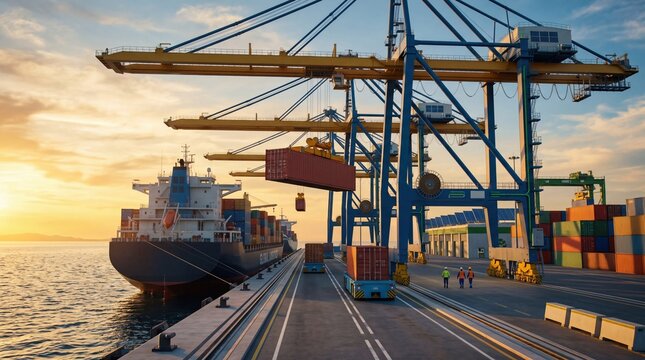 Massive container ship docked at industrial port with gantry cranes loading cargo containers for global logistics and international trade transport operations during golden sunset