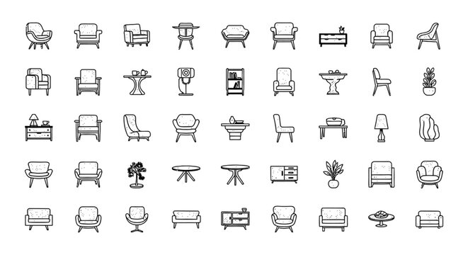 Collection of Architectural Furniture CAD Blocks for Interior Design and Floor Plans including Sofa, Armchairs, and Tables as 2D Vector Icons for Technical Blueprints