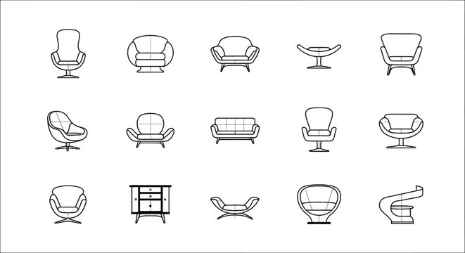 Furniture CAD Block Library featuring Sofa and Couch Vector Icons for Architectural Planning, AutoCAD 2D Technical Blueprints, and Interior Design Floor Plans