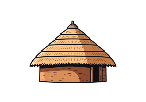An illustration of a traditional rural hut with a thatched roof and wooden walls in a countryside setting.
