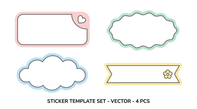 A charming set of four pastel-colored, uniquely shaped blank sticker templates featuring cute designs like a heart, a cloud, and a flower, perfect for planners and labels.
