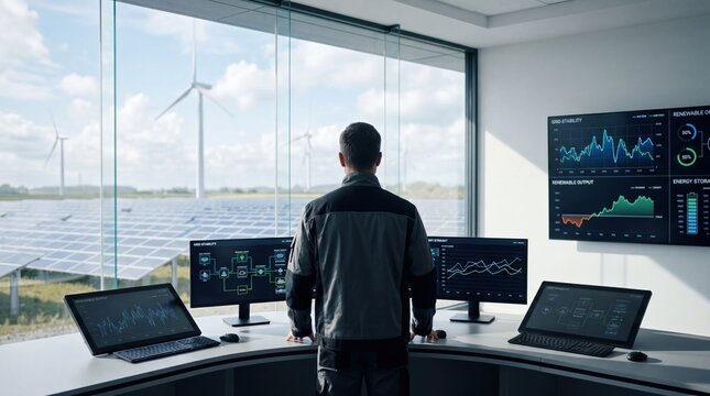 Engineer monitoring solar panels and wind turbines from high tech control center, renewable energy management system, sustainable power grid dashboard, green electricity