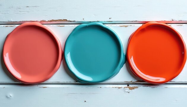 Three circular paint samples coral teal and orange sit on distressed white wood. Color options for home decor interior design project. Selection of hues for painting.