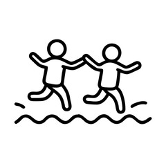Obraz premium Two children holding hands and running through water, line art icon