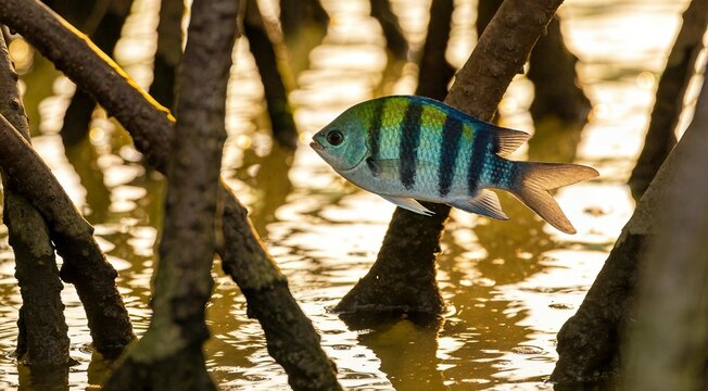 Sergeant Major Fish swimming among Mangrove roots in shallow tropical water at golden hour