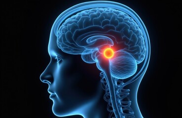 Obraz premium Medical illustration shows a human brain with a highlighted lesion or tumor. This visualization represents neurological conditions, medical research, and diagnostic imaging of the head.