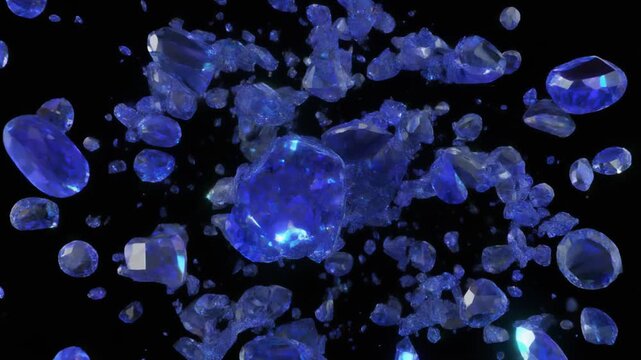 凍ったサファイアが砕ける 青い輝きの破片 黒背景