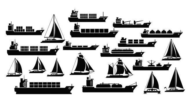 Silhouette Fleet of Cargo Ships and Sailboats on White Background