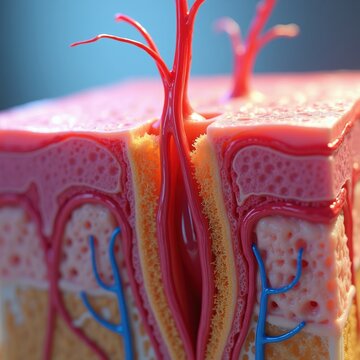 Close view of human skin cross section showing hair follicle anatomy with blood vessels and nerve endings. Epidermis dermis layers, subcutaneous tissue structure visible.