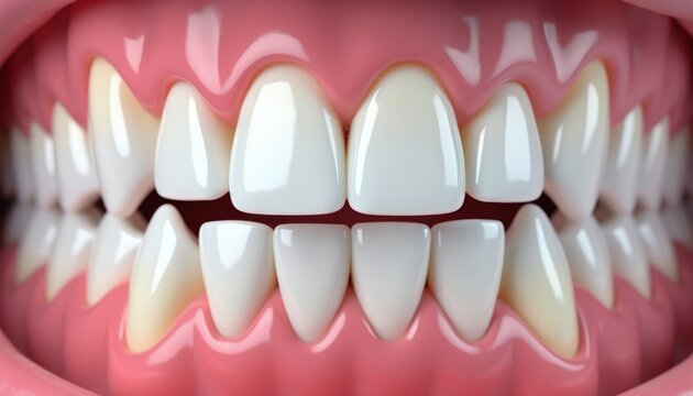 Close-up illustration of healthy human teeth and gums. Shows dental anatomy, perfect for educational and medical concepts. Clean white enamel shine, pink gingival tissue detail.