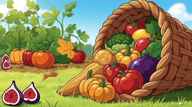 Cornucopia of fruits and vegetables in a cartoon style on green grass