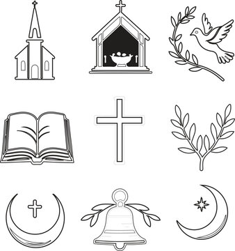 Black and white line art icon set of 8 spiritual symbols church nativity candle cross dove olive branch holy book bell moon star minimal clean style -2