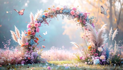 Naklejka premium Enchanting floral archway in a dreamy meadow, butterflies fluttering around.