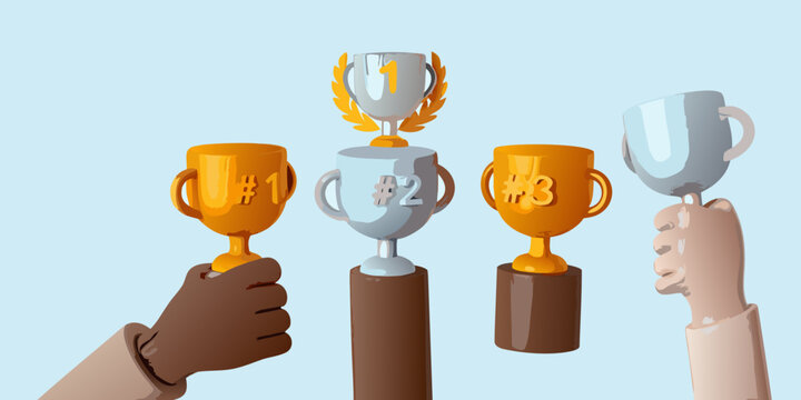 Three hands holding golden and silver trophy cups first second and third place