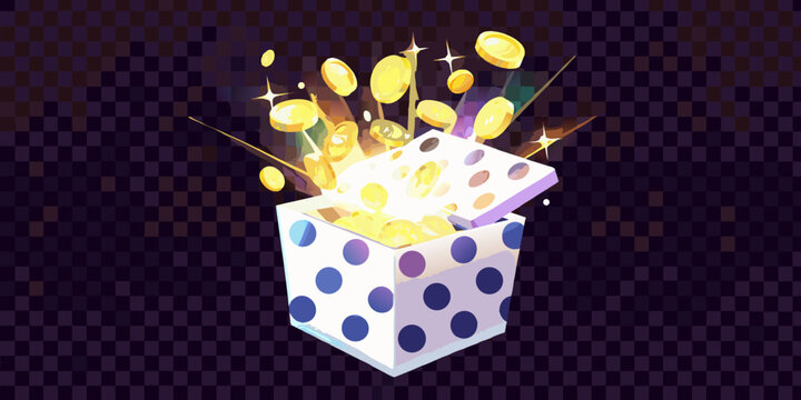 Open gift box with coins exploding out polka dot pattern