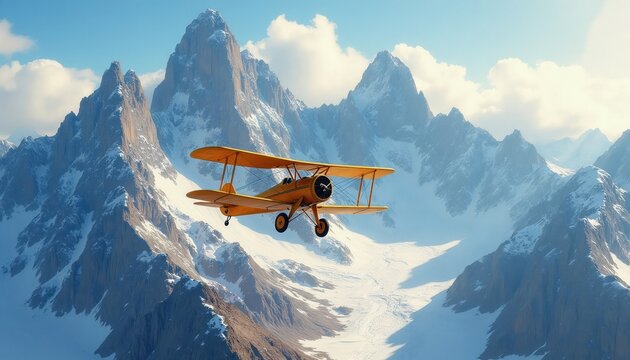 Vintage yellow biplane flies over snowy mountain peaks under a clear blue sky with sparse clouds. Aerial view shows a dramatic, majestic natural landscape, suggesting adventure and exploration.