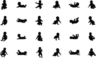 Obraz premium Baby silhouette collection, crawling, sitting, playing infant poses, black solid child figures, minimalist human activity set – vector illustration