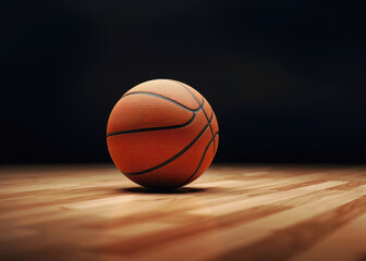 Obraz premium A single basketball sitting on a polished wooden indoor sports court representing athletic potential