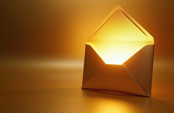 Open golden envelope emits bright light. Close up of illuminated mail on warm yellow background. Mysterious message inside, conceptual idea, luxury communication.