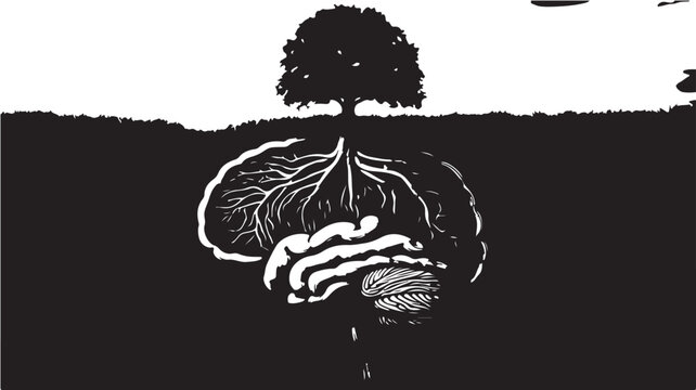 Brain with Tree Growing Out of It Representing Growth and Intelligence on Black Background For Mental Health Concepts