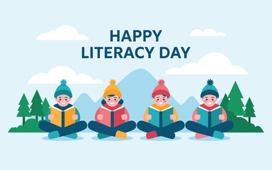 Fototapeta premium Children in colorful hats reading books on floating islands, literacy day celebration