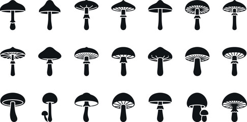 Collection of black silhouette mushroom with varied cap and stem white background, fungus © GT Designs