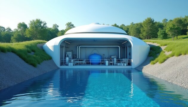 Modern water treatment plant. Futuristic architecture filters water with advanced tech systems. Blue tanks and pipes ensure clean supply. Natural landscape surrounds eco facility.