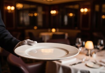Fototapeta premium Waiter Presenting Clean Plate in Luxury Restaurant with Copy Space