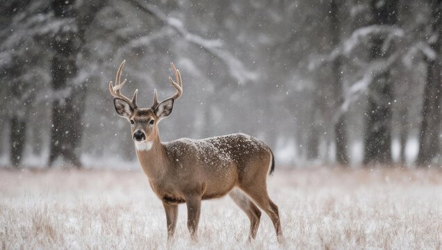 A majestic deer with large antlers stands in a snowy field, forest in the background