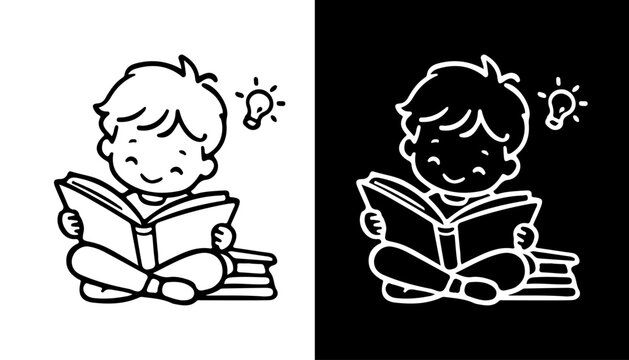 Cute Little Boy Reading Book with Light Bulb Idea Line Icon Vector Set Black and White Icon