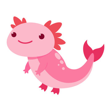 A single pink cartoon axolotl character with webbed feet and a curved tail swims across a plain white background in a flat vector style.
